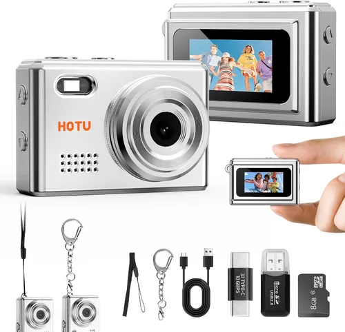 Vista 13 de Cámara Digital Mini HOTU, Cámara Llavero 1080P HD con Lente de 2MP, Flash, Grabación de Vídeo, Tarjeta de 32G Incluida, Cámara Retro Portátil y Beige