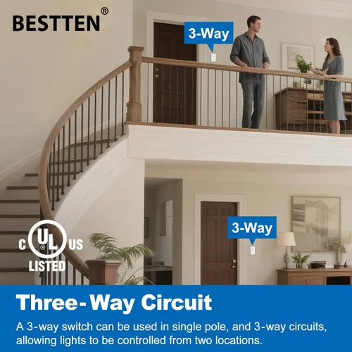 Vista 4 de BESTTEN Paquete de 4 interruptores de luz decorativa de 3 vías con placa de pared, 15 A, 120/277 V, interruptor de paleta basculante de Blanco