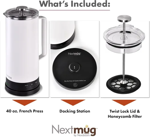 Vista 4 de Nextmug Press - Prensa francesa con temperatura controlada y autocalentamiento (blanco - 40 oz.)