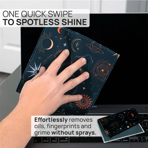 Vista 2 de Microfiber Wholesale Paños de limpieza rápida para gafas, 8 x 8, astrología, paquete de 1 con funda, limpiador de lentes de doble cara para lentes