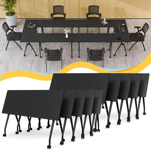 Vista 45 de Mesa de conferencias plegable con ruedas, mesa modular para sala de conferencias con 2 ojales para cables, mesas móviles de sala de reuniones