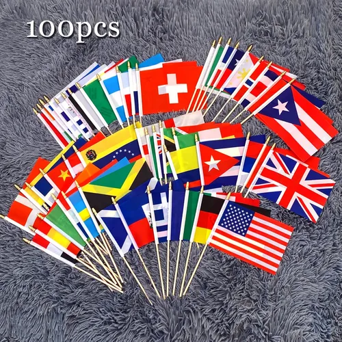 Vista 5 de Banderas internacionales de 100 países en palo de madera, pequeñas banderas de mano para eventos deportivos, festival internacional, 5 x 8 pulgadas