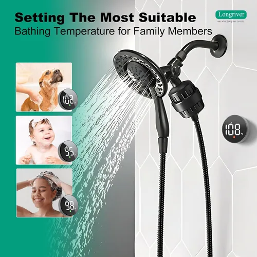 Vista 2 de Tem8(R7Pro) Accesorio de filtro de ducha de baño con pantalla de temperatura inalámbrica Purificador de agua dura 99.99% elimina cloro y metales
