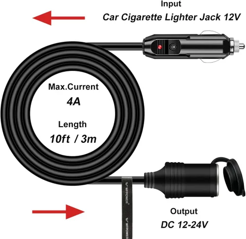Vista 6 de Cable de extensión para encendedor de cigarrillos de 10 pies 8A, cable de núcleo de cobre puro, cable de enchufe de alimentación CC automático 8A