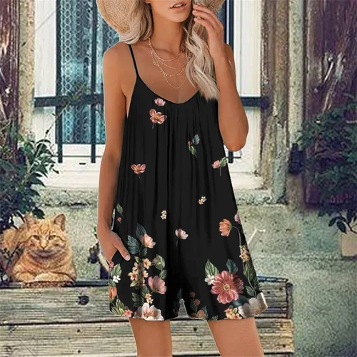 Vista 2 de DDAPJ pyju Women Casual Jumpsuits Summer Sleeveless Romper Adjustable Spaghetti Strap Stretchy Shorts Romper with Pockets