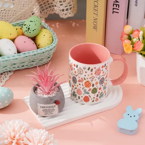 Vista 5 de JarThenaAMCS Taza de té de cerámica con diseño de conejo y huevo de Pascua, taza de café rosa para fiesta de primavera, hogar, escuela, oficina