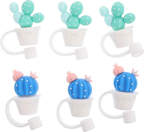 Vista 2 de Abaodam 6 puntas de popote de silicona para beber, tapas reutilizables de silicona, estilos de cactus