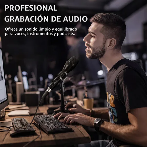 Vista 2 de Micrófono con cable para canto, micrófono vocal dinámico profesional de karaoke de mano, micrófono de estudio cardioide, 16.4 pies XLR y 6.35 MM