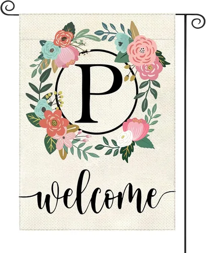 Vista 21 de Bandera de jardín con letra monograma, floral, 12 x 18 pulgadas, doble cara para exterior, pequeña de arpillera, familia, apellido, bandera inicial