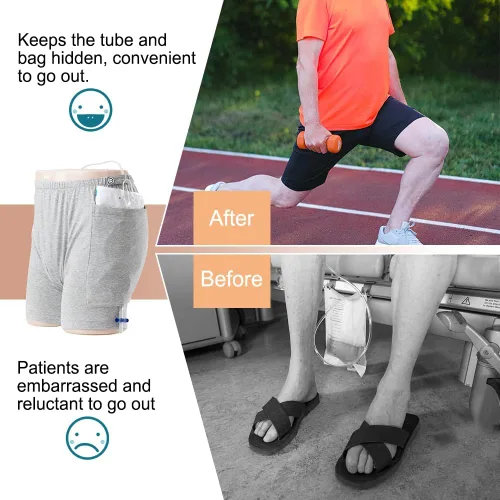 Vista 4 de Paquete de 3 pantalones cortos de orina para hombre, bolsa de drenaje de ostomía, pantalones para el cuidado de la incontinencia, pantalones cortos