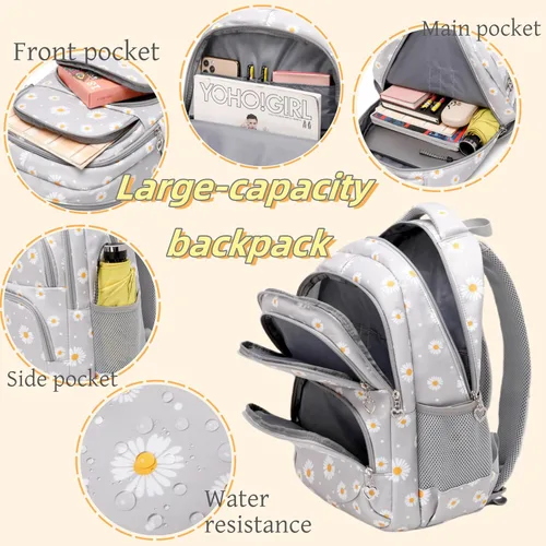 Vista 4 de 3 piezas de mochila con estampado de margaritas para niños, mochila de escuela primaria, mochila para estudiantes de primaria, mochila para Negro