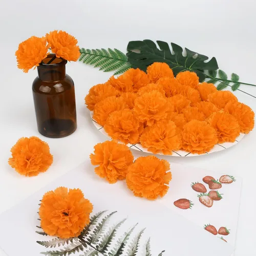 Vista 3 de 30 flores artificiales de caléndula de 2 pulgadas, cabezas de flores de caléndula de seda con tallos, flores naranjas artificiales para decoración
