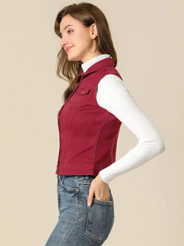 Vista 3 de Allegra K Chaleco de mezclilla lavado con botones para mujer, con bolsillos con solapa en el pecho