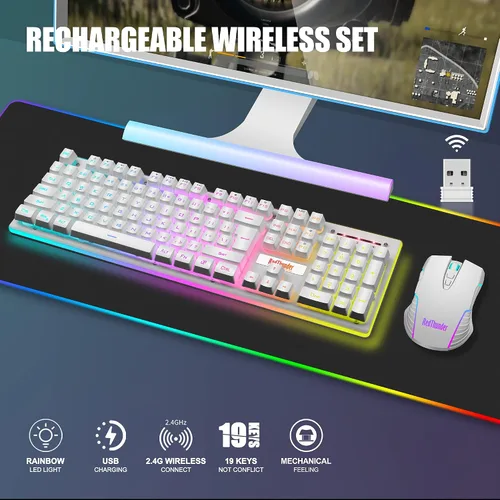 Vista 2 de RedThunder Combo de teclado y mouse inalámbricos para juegos K10 batería recargable retroiluminada LED de 3800 mAh teclado mecánico antifantasma
