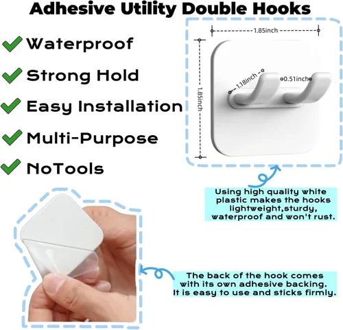 Vista 2 de Ganchos adhesivos, ganchos dobles impermeables que se pegan, gancho de pared sin daños, gancho de plástico blanco multiusos para afeitar, toalla