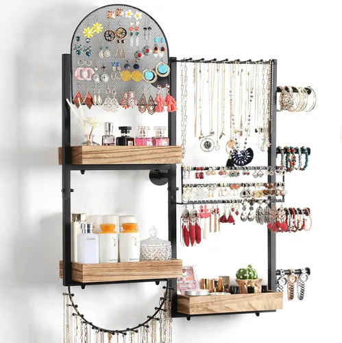 Vista 9 de Keebofly Organizador de joyas colgante de montaje en pared, soporte de exhibición grande para aretes, anillos, collares, pulseras, relojes y Negro