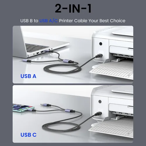 Vista 3 de MOSWAG Cable de impresora USB 2en1 de 3.28 pies/1M con cable USB C a MIDI, cable de impresora, cable USB MIDI USB C a USB B MIDI, cable, compatible