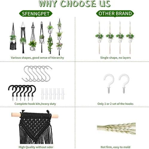 Vista 6 de SFENNGPET - Paquete de 6 perchas de macramé para plantas, juego de 6 perchas colgantes para plantas de interior con kit de 6 perchas hechas a mano