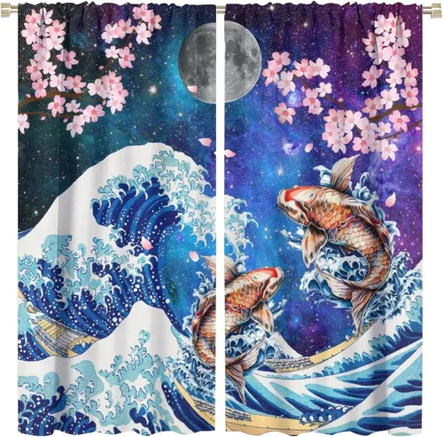 Vista 27 de Koi Fish - Cortinas opacas para cocina, estilo japonés, románticas, con estampado de flores de cerezo, con bolsillo para cortinero, cortinas opacas
