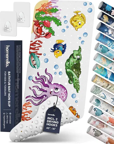 Vista 34 de Homerella - Alfombrilla de baño antideslizante y antideslizante para niños, 40 x 16 pulgadas, sin BPA, incluye 2 ganchos, tapete de ducha lavable