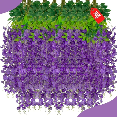 Vista 39 de Paquete de 12 flores colgantes de glicina rosa, flores colgantes falsas de 3.44 pies, guirnalda de glicina artificial para decoración de boda, telón