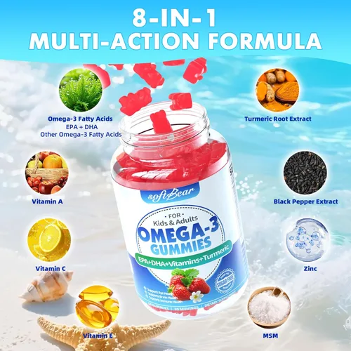 Vista 3 de softbear Gomitas Omega 3 para mujeres, hombres y niños, suplementos Omega 3 de 1200 mg de ácidos grasos veganos Omega 3 DHA EPA con vitaminas que