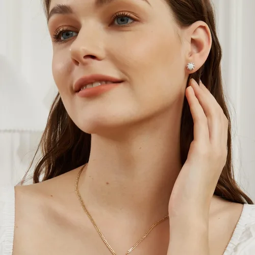 Vista 4 de Pendientes de tuerca chapados en oro blanco con ópalo de flores hipoalergénicos, regalo de joyería para mujer, Latón Gema, Piedra natal de ópalo