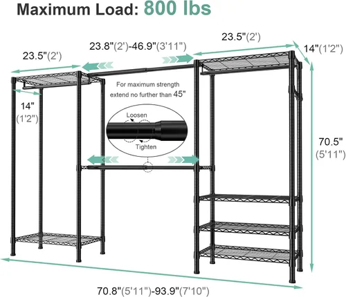 Vista 6 de SEMHOR E06 - Perchero extensible resistente para armario vertical, estantes de ropa independientes con estantes, sistema organizador de armario