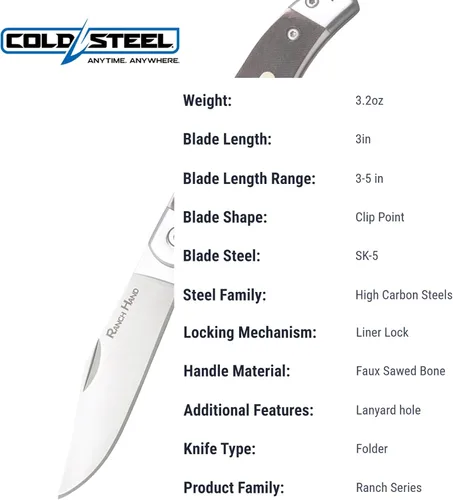 Vista 7 de COLD STEEL Ranch Hand SK-5 - Cuchillo plegable versátil de bolsillo compacto y versátil con hoja afilada de 3.75 pulgadas, mango de hueso aserrado