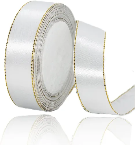 Vista 34 de Cintas de satén beige de 1 pulgada x 25 yardas, cinta de tela con bordes dorados para envolver regalos, manualidades, ramos florales, lazos