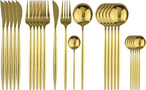 Vista 10 de Juego de cubiertos negros de acero inoxidable de 24 piezas, servicio para 6, vajilla pulida con espejo, cuchillo tenedor y cuchara para el hogar