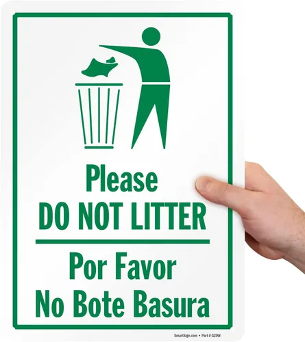 Vista 2 de SmartSign Letrero de metal con texto en inglés "Please Do Not Litter, Por Favor No Bote Basura" de 14 x 10 pulgadas, aluminio laminado a prueba