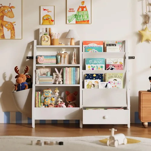 Vista 3 de Estantería infantil y organizador de almacenamiento de juguetes, estantería Montessori de 3 niveles para bebés y niños pequeños con bolsillos