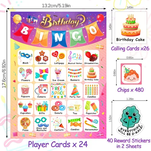 Vista 3 de YTSQLER Tarjetas de bingo de feliz cumpleaños, 24 jugadores, fiesta de cumpleaños, juego de bingo para niños, niñas y adultos, divertido juego