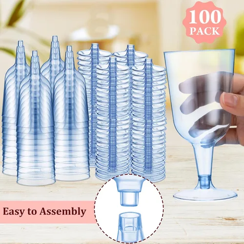 Vista 2 de Meanplan 100 copas de vino de plástico con tallo de 6 onzas, vasos de vino de plástico para fiestas, desechables, apilables, de picnic de boda Azul