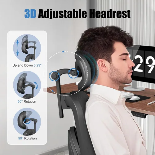 Vista 6 de Silla de oficina ergonómica con soporte lumbar ajustable, brazos y reposacabezas 3D, respaldo alto, silla de computadora de escritorio ancha
