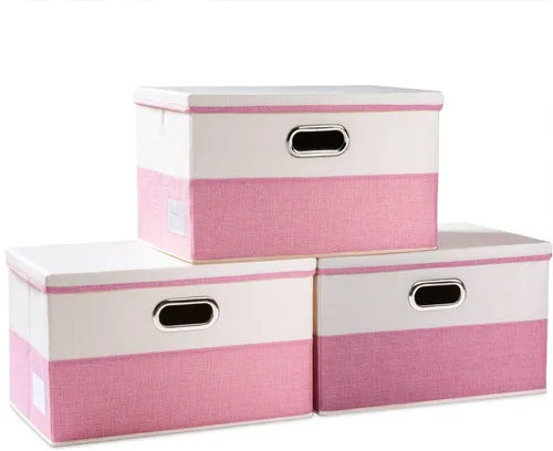 Vista 15 de PRANDOM Contenedores de almacenamiento con tapas [paquete de 3] cajas de almacenamiento plegables de tela de lino, canastas organizadoras, cubos