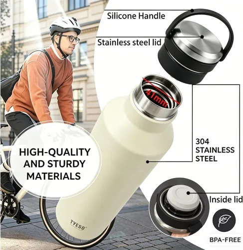 Vista 7 de TYESO Botella de agua de acero inoxidable aislada al vacío, botella de agua aislada con asa de transporte de silicona suave (blanco, 17 onzas)