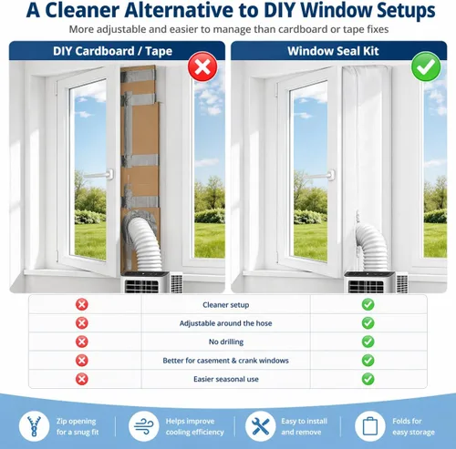 Vista 5 de Kit de sellado de ventana de CA portátil para ventanas abatibles y de manivela, kit de ventilación de ventana sin taladro, sello de cremallera