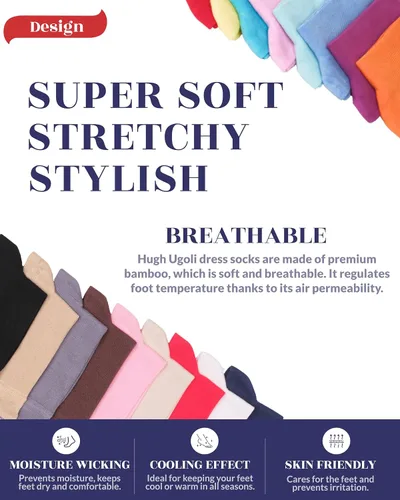Vista 3 de Hugh Ugoli Womens Soft Bamboo Dress Socks, Thin Crew Socks for Business, Trouser, Casual,Non-Binding, Breathable,3-6Pairs