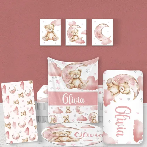 Vista 12 de Juego de ropa de cama de bebé personalizado, ropa de cama de elefante rosa para bebé, manta de bebé, sábana bajera ajustable, funda cambiadora