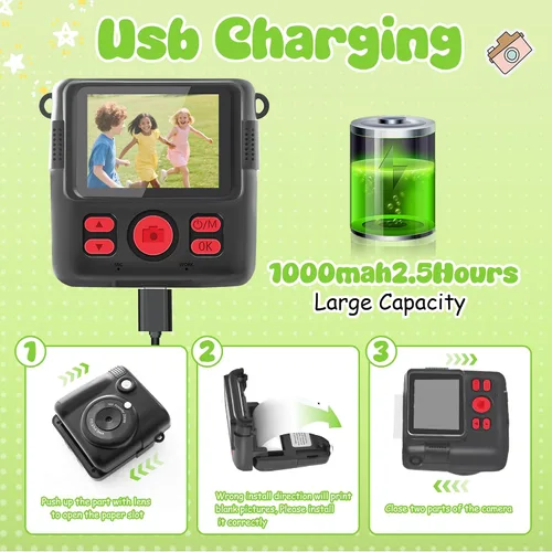 Vista 6 de Cámara para niños con impresión instantánea, cámara segura para niños pequeños, pantalla de 2.4 pulgadas, 1080P con zoom 16X, tarjeta TF de 32GB