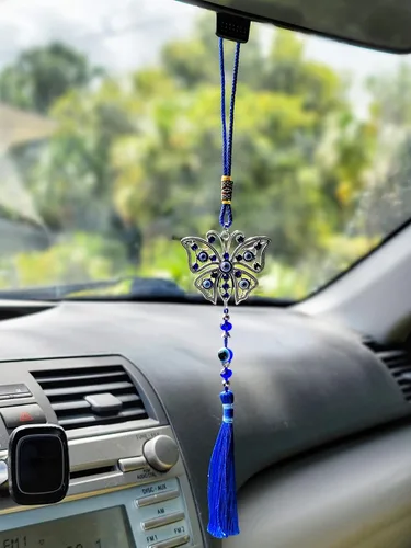Vista 7 de LUCKBOOSTIUM Dijes de mariposa con diseño de ojo turco central en piedra de cristal azul con borlas para buena suerte, protección y bienestar