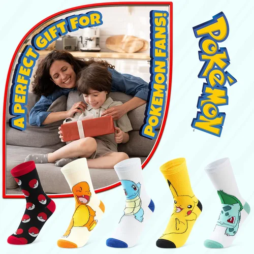 Vista 3 de Pokemon Paquete de 5 calcetines pikachu para niños, calcetines tobilleros elásticos y transpirables para niños, niñas, adolescentes y mujeres