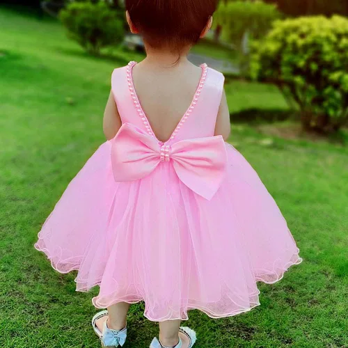 Vista 4 de 6M-6T Vestido de encaje sin espalda para bebé, vestido formal de princesa con gorro Rosa bebé