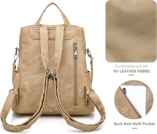 Vista 4 de Mochila de cuero para mujer, mochila de viaje de moda vintage, Caqui, Mochilas de viaje