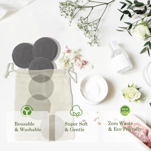 Vista 5 de Paquete de 24 almohadillas reutilizables de algodón – Almohadillas removedoras de maquillaje de carbón de bambú lavables, almohadillas faciales