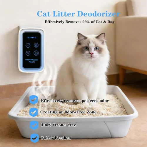 Vista 2 de Desodorizador de arena para gatos, purificador de aire de iones negativos enchufable para caja de arena, 99% de eliminación de olores, fuerte