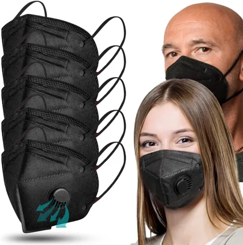 Vista 2 de Máscara facial negra con válvula de respiración, paquete de 5 unidades, mascarillas desechables para mujeres y hombres, 5 capas no tejidas