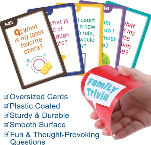 Vista 4 de LotFancy Juego de preguntas familiares, a partir de 4 años, juegos familiares para niños y adultos, 60 divertidas tarjetas de trivia, iniciadores